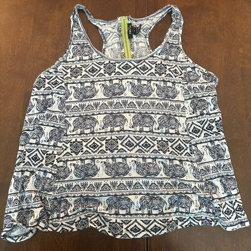 Rue 21 Boho Elephant Print Sleeveless Racer back Tank White XLarge